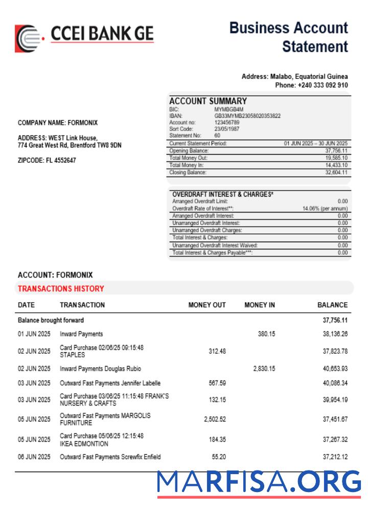 Printable CCEI Bank business company account statement Word and PDF format example